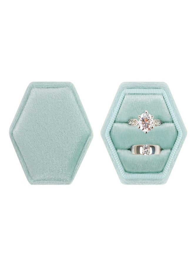 DesignSter Hexagon Velvet Ring Box - Premium Gorgeous Vintage Double Ring Display Holder with Detachable Lid for Proposal, Engagement, Wedding, Ceremony (Mint green) - Image 2